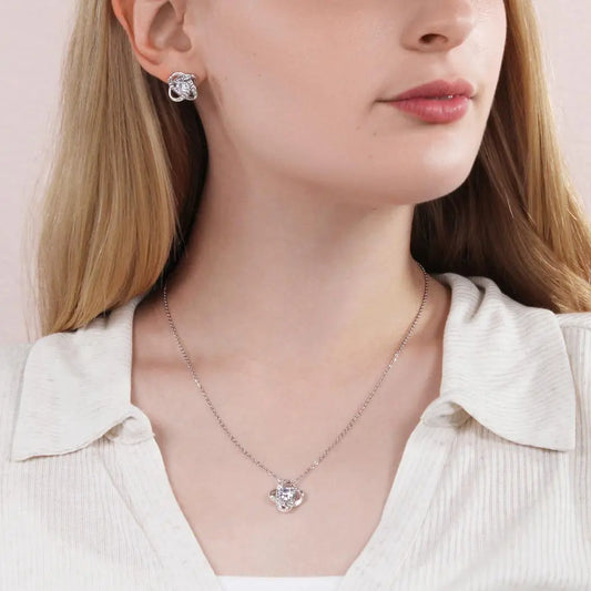White gold love knot jewelry set with sparkling CZ stones