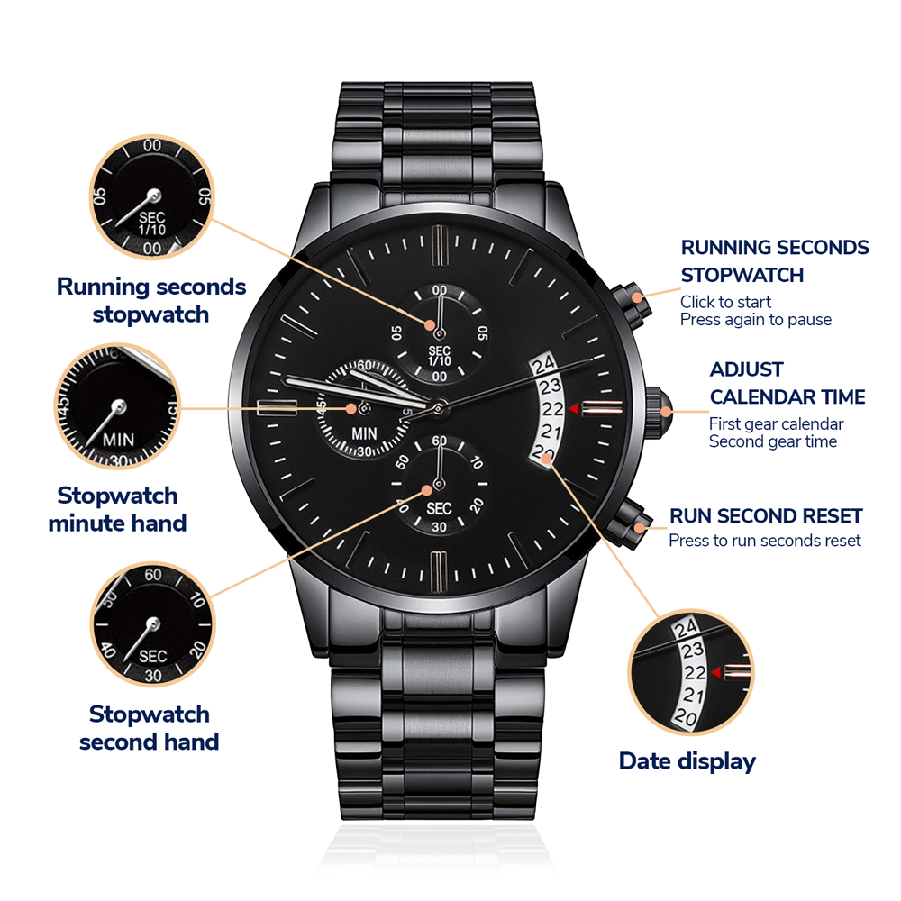 Engraved Black Chronograph Watch – "My Hero, My Dad, Always" Timeless Gift for Father's Day