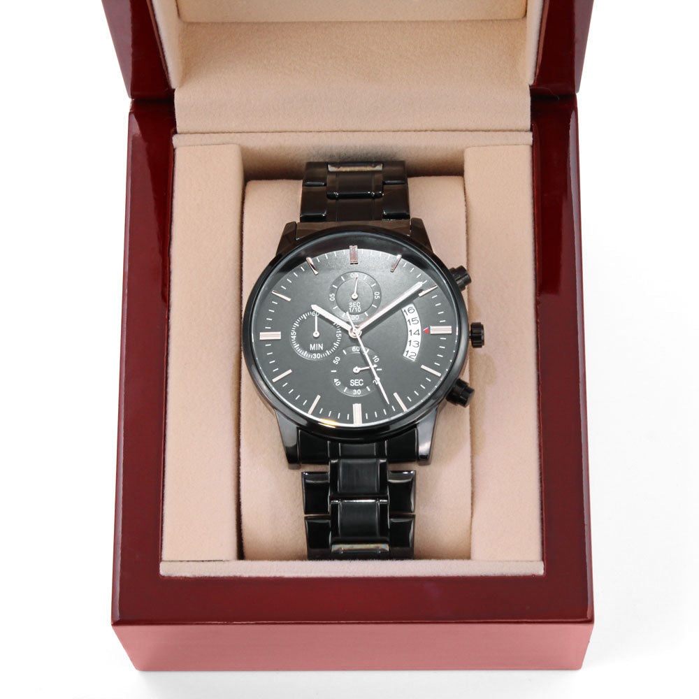 Engraved Black Chronograph Watch – "My Hero, My Dad, Always" Timeless Gift for Father's Day