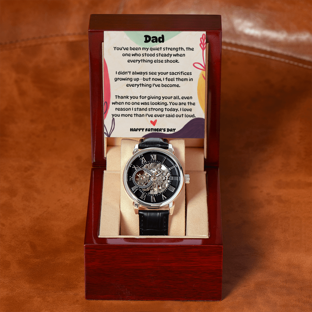 Personalized Father's Day Skeleton Mechanical Water Resistant Watch – “Quiet Strength” Message from Child