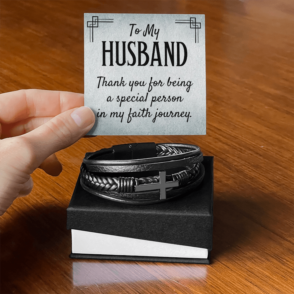 Men's Cross Leather Bracelet - "To My HUSBAND Thank you for being a special person in my faith journey."