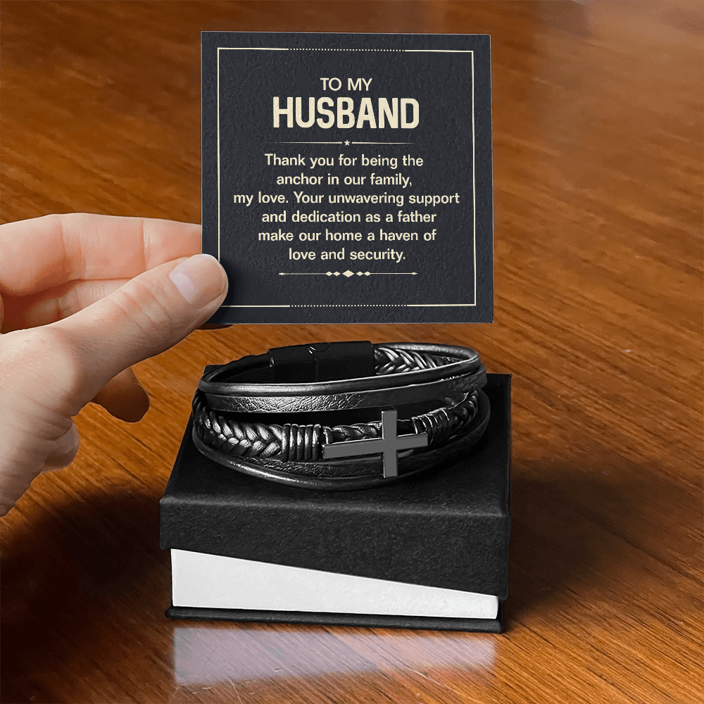 Men's Cross Leather Bracelet - To my husband, Thank you for being the anchor in our family, my love'