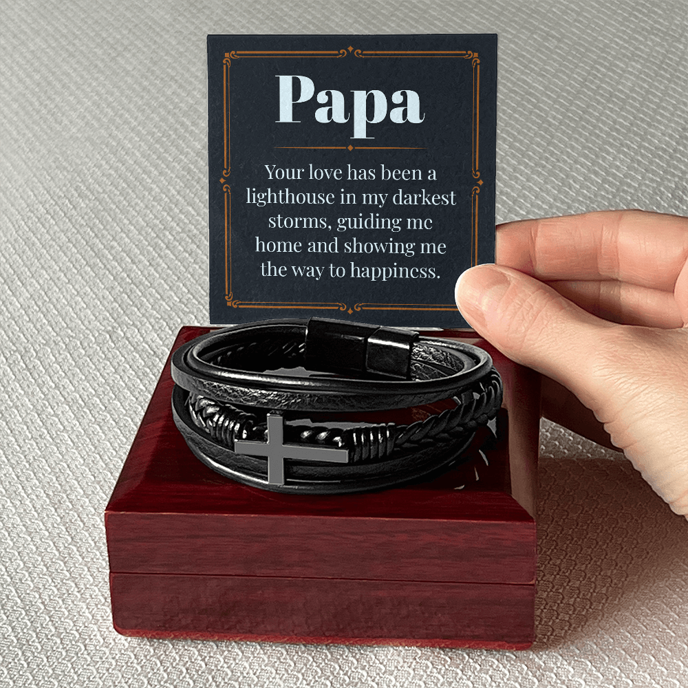 Gift for Papa - "Your Love has been a Lighthouse in my darkest storms" - Men's Cross Leather Bracelet