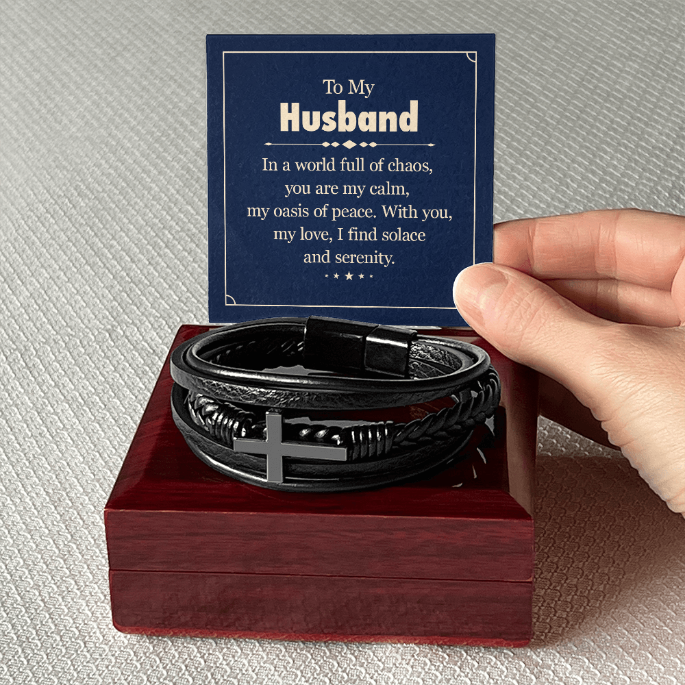 Men's Cross Leather Bracelet - To my Husband, In a world full of chaos, you are my calm, my oasis of peace.