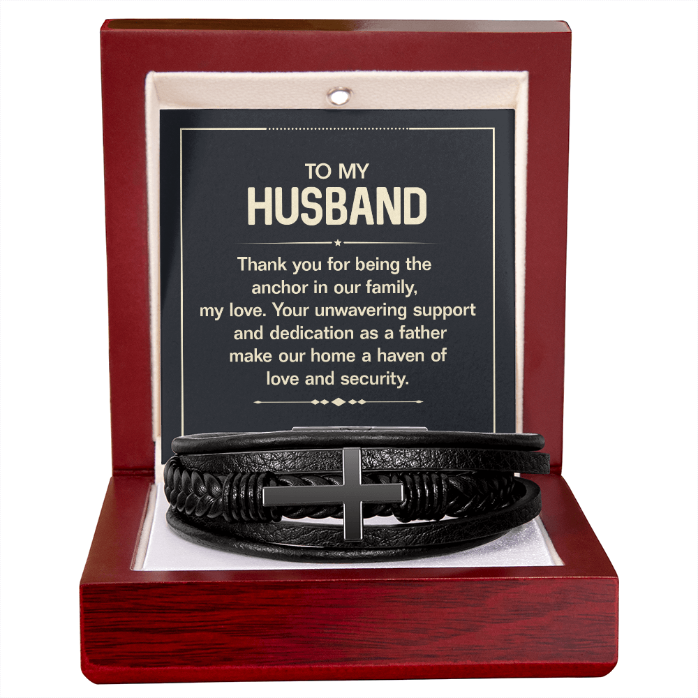 Men's Cross Leather Bracelet - To my husband, Thank you for being the anchor in our family, my love'