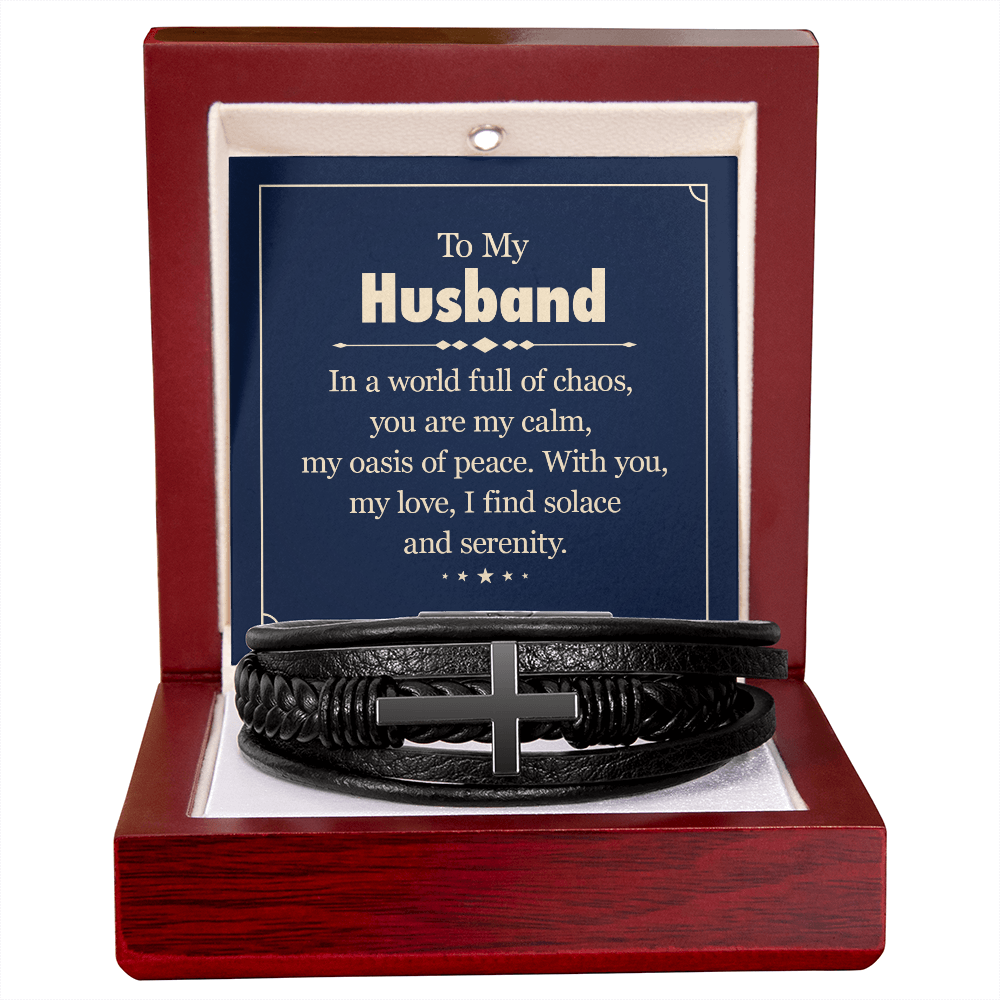 Men's Cross Leather Bracelet - To my Husband, In a world full of chaos, you are my calm, my oasis of peace.