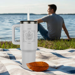 40oz insulated tumbler for dad displaying the iconic Dad Fuel bean border design