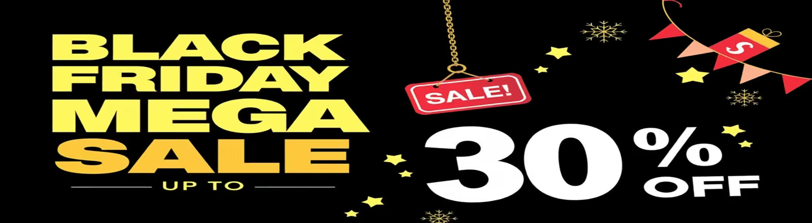 Black Friday sale banner with text and graphics on a black background