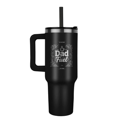 Black 40oz tumbler laser engraved with Dad Fuel coffee cup design and bean pattern