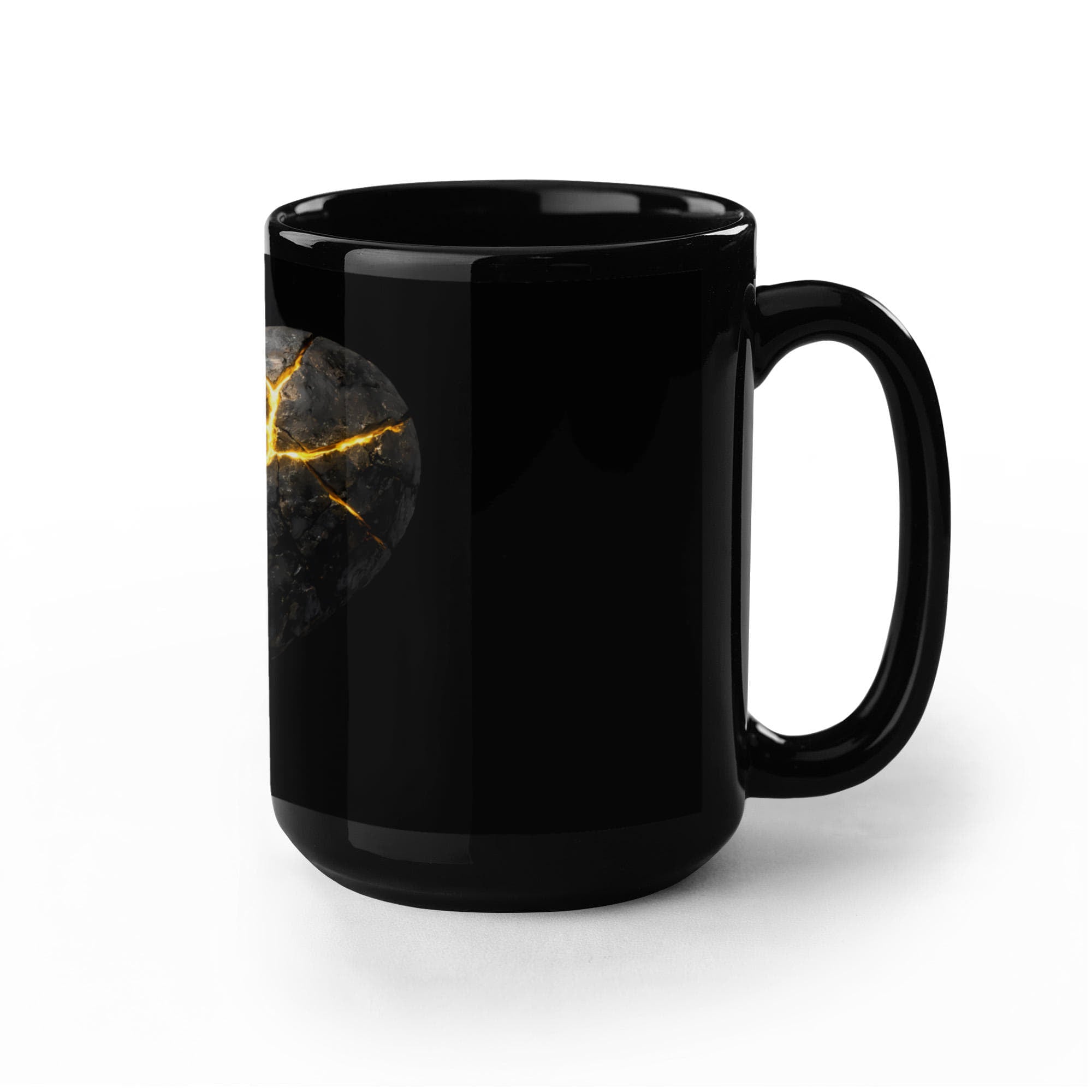 Black gloss ceramic mug featuring a cracked heart with gold seams