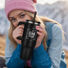 Close-up of laser engraved Dad Fuel text and cup icon on premium powder-coated tumbler