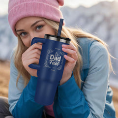 Dad Fuel 40oz tumbler in bue  with reusable straw and spill-proof lid included