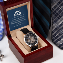 Gift for Dad. Keepsake men’s skeleton watch with mahogany LED box option