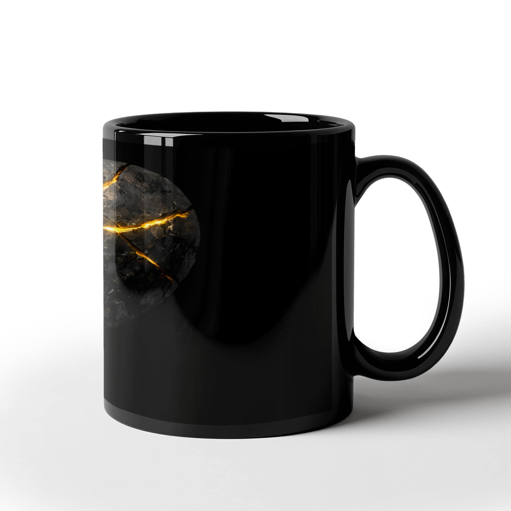 Kintsugi heart mug with glowing golden cracks on black gloss ceramic
