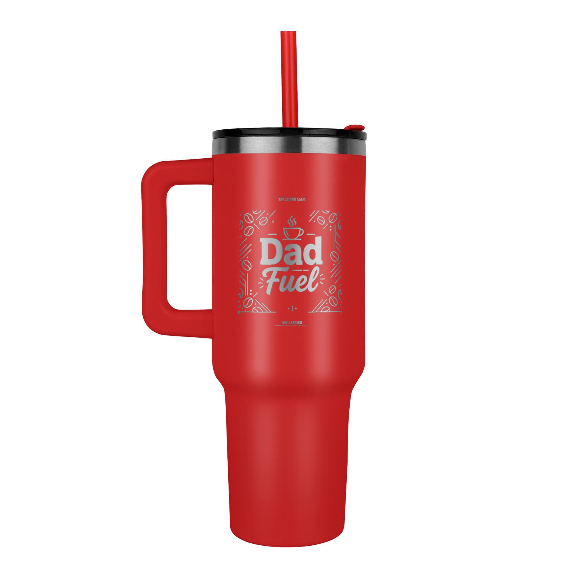 Red matte tumbler featuring the full Dad Fuel design with "MY FATHER" text at bottom