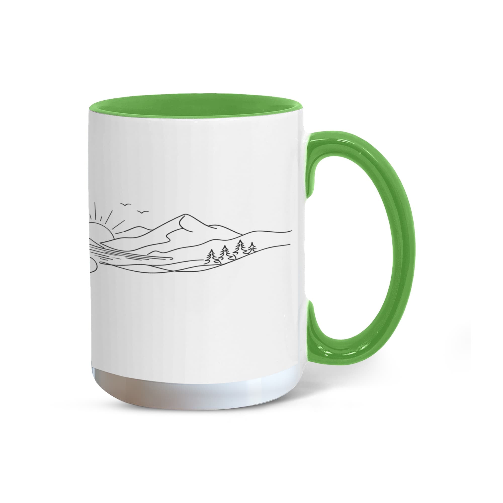 Spiritual gift mug featuring monk, mountains, and rising sun artwork
