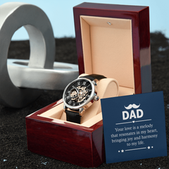 Gift for Dad. Elegant men’s openwork watch displayed in gift box with message card - GLiMOT