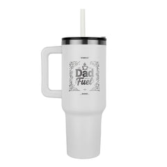 White 40oz stainless steel tumbler with My Super Man Dad Fuel graphic ideal for Father's Day