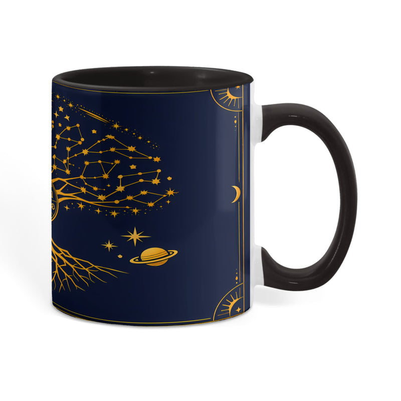 Zodiac tree of life mug with celestial constellations and gold artwork