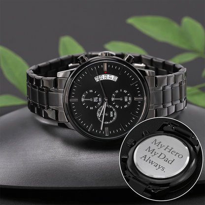 Engraved Black Chronograph Watch – "My Hero, My Dad, Always" Timeless Gift for Father's Day - GLiMOT