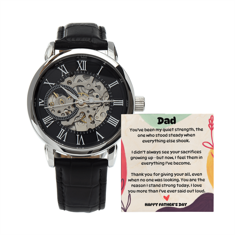 Personalized Father's Day Skeleton Mechanical Water Resistant Watch – “Quiet Strength” Message from Child