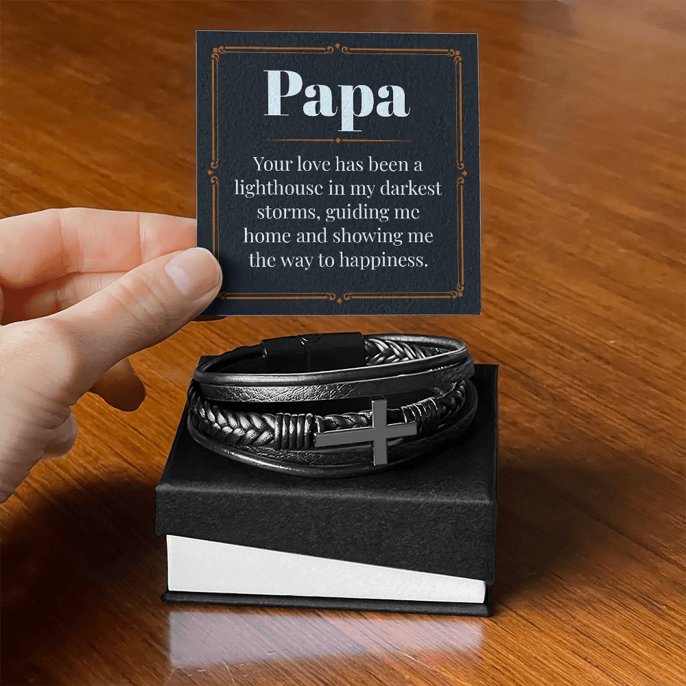 Gift for Papa - "Your Love has been a Lighthouse in my darkest storms" - Men's Cross Leather Bracelet - GLiMOT