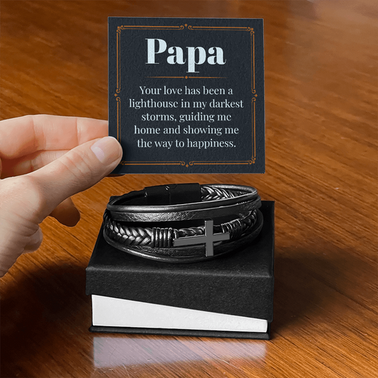 Gift for Papa - "Your Love has been a Lighthouse in my darkest storms" - Men's Cross Leather Bracelet - GLiMOT