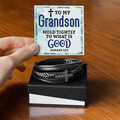 "Gift to Grandson. Hold Tightly to What is Good" Men's Cross Leather Bracelet