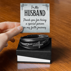Men's Cross Leather Bracelet - "To My HUSBAND Thank you for being a special person in my faith journey."