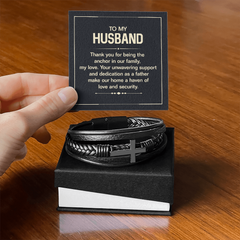 Men's Cross Leather Bracelet - To my husband, Thank you for being the anchor in our family, my love'