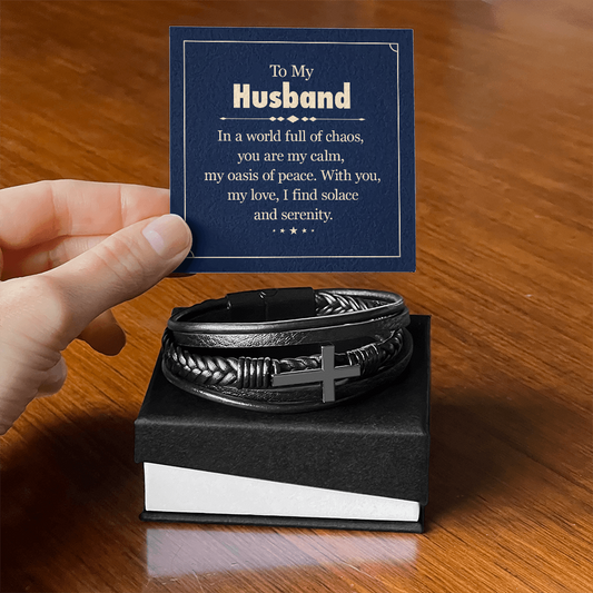 Men's Cross Leather Bracelet - To my Husband, In a world full of chaos, you are my calm, my oasis of peace. - GLiMOT