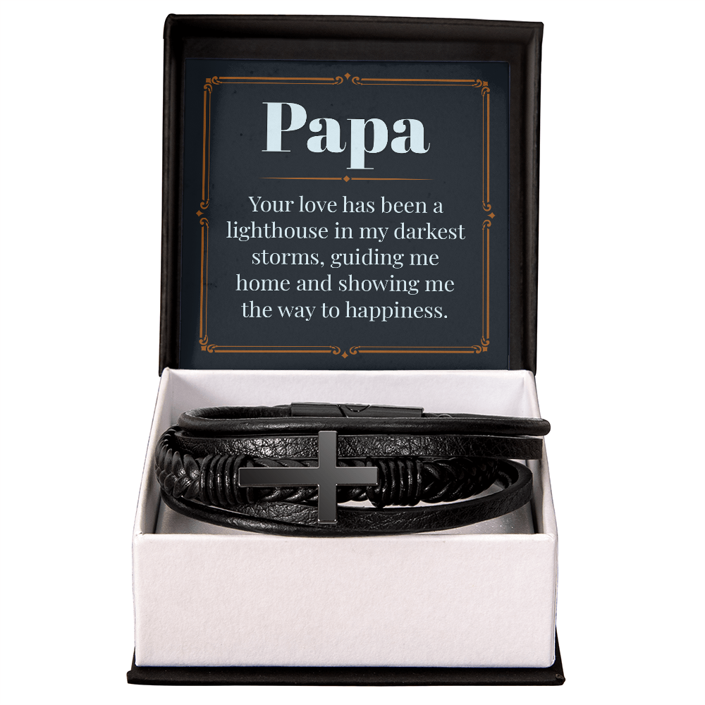 Gift for Papa - "Your Love has been a Lighthouse in my darkest storms" - Men's Cross Leather Bracelet - GLiMOT