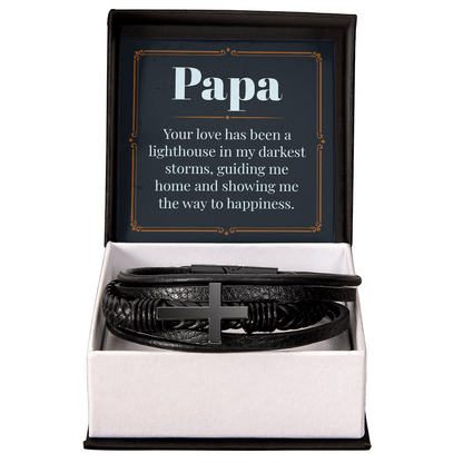 Gift for Papa - "Your Love has been a Lighthouse in my darkest storms" - Men's Cross Leather Bracelet - GLiMOT