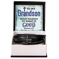 "Gift to Grandson. Hold Tightly to What is Good" Men's Cross Leather Bracelet
