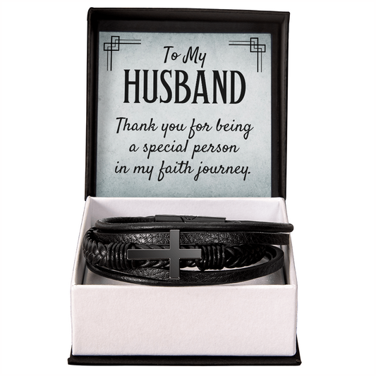 Men's Cross Leather Bracelet - "To My HUSBAND Thank you for being a special person in my faith journey." - GLiMOT