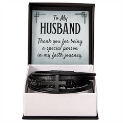 Men's Cross Leather Bracelet - "To My HUSBAND Thank you for being a special person in my faith journey."
