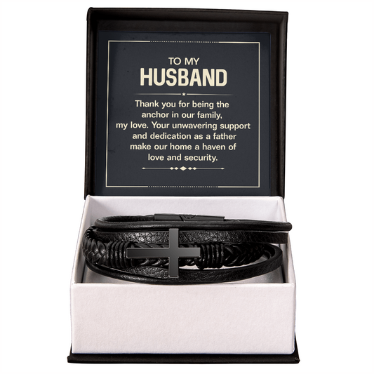 Men's Cross Leather Bracelet - To my husband, Thank you for being the anchor in our family, my love' - GLiMOT