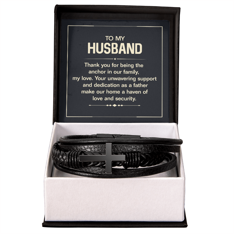 Men's Cross Leather Bracelet - To my husband, Thank you for being the anchor in our family, my love'