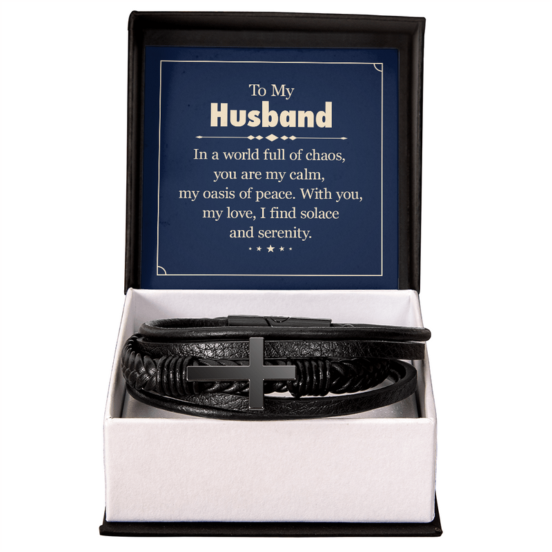 Men's Cross Leather Bracelet - To my Husband, In a world full of chaos, you are my calm, my oasis of peace.