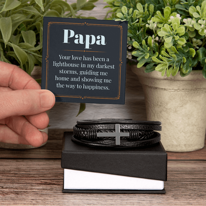 Gift for Papa - "Your Love has been a Lighthouse in my darkest storms" - Men's Cross Leather Bracelet - GLiMOT