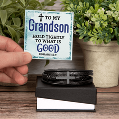 "Gift to Grandson. Hold Tightly to What is Good" Men's Cross Leather Bracelet