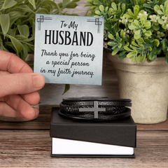 Men's Cross Leather Bracelet - "To My HUSBAND Thank you for being a special person in my faith journey."