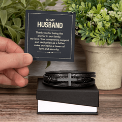 Men's Cross Leather Bracelet - To my husband, Thank you for being the anchor in our family, my love'