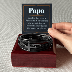 Gift for Papa - "Your Love has been a Lighthouse in my darkest storms" - Men's Cross Leather Bracelet