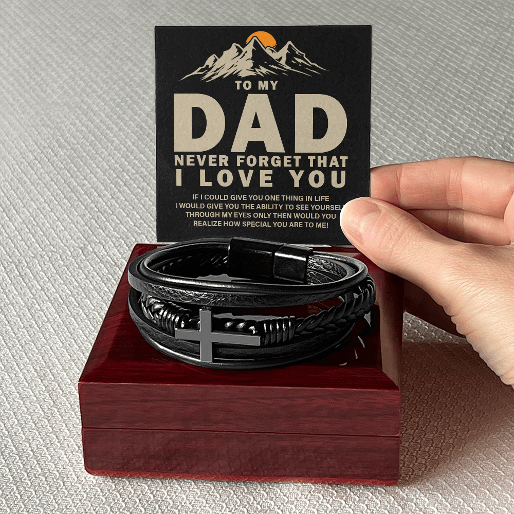 "Gift for Dad, Never forget that i Love you." -  Men's Cross Leather Bracelet - GLiMOT