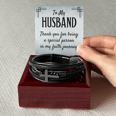 Men's Cross Leather Bracelet - "To My HUSBAND Thank you for being a special person in my faith journey."