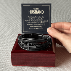 Men's Cross Leather Bracelet - To my husband, Thank you for being the anchor in our family, my love'