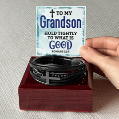 "Gift to Grandson. Hold Tightly to What is Good" Men's Cross Leather Bracelet