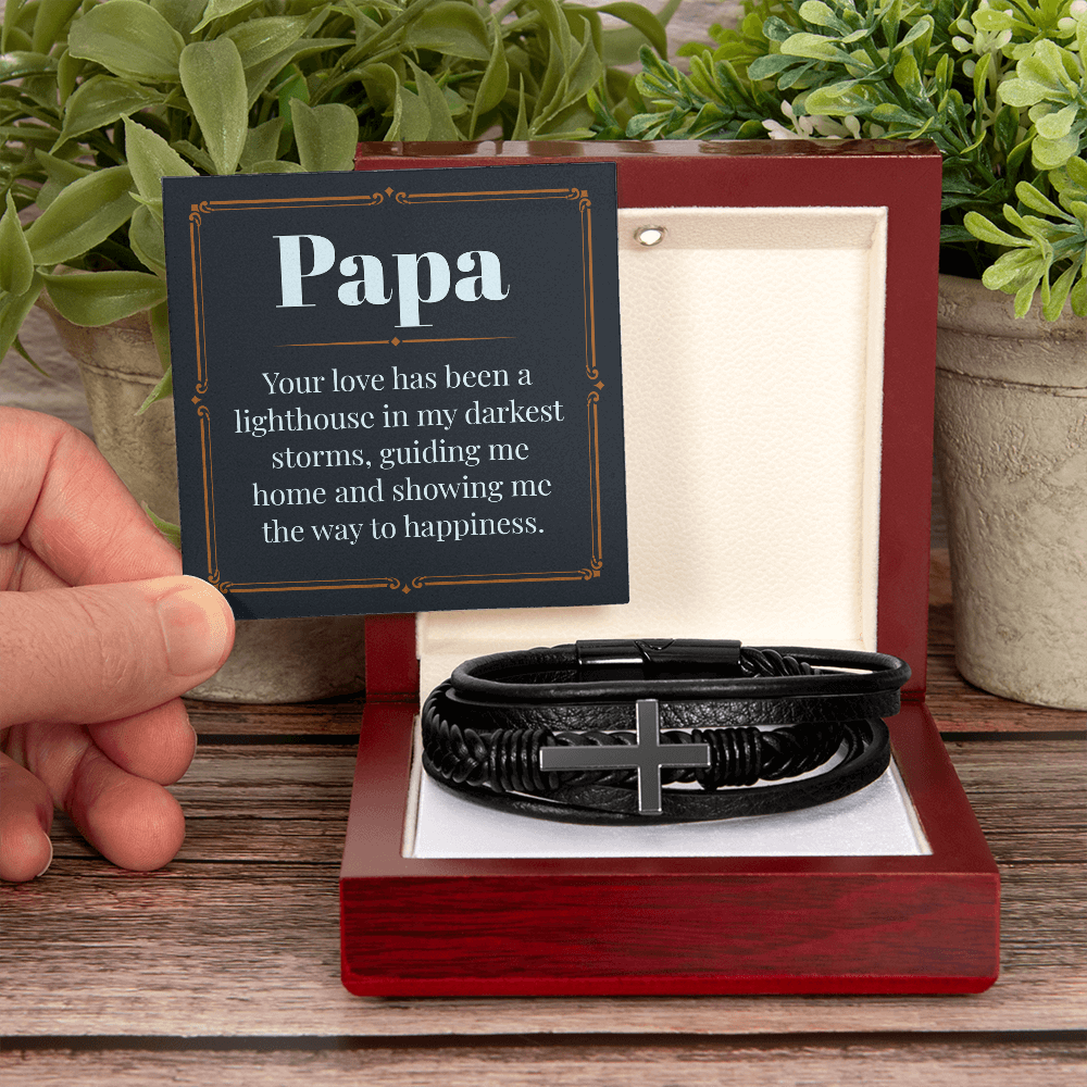 Gift for Papa - "Your Love has been a Lighthouse in my darkest storms" - Men's Cross Leather Bracelet - GLiMOT