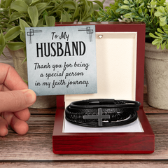 Men's Cross Leather Bracelet - "To My HUSBAND Thank you for being a special person in my faith journey."